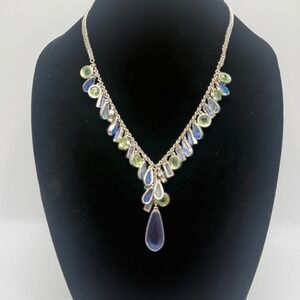 Monet Silver Tone Blue Green Multi Stone Teardrop Statement Necklace‎